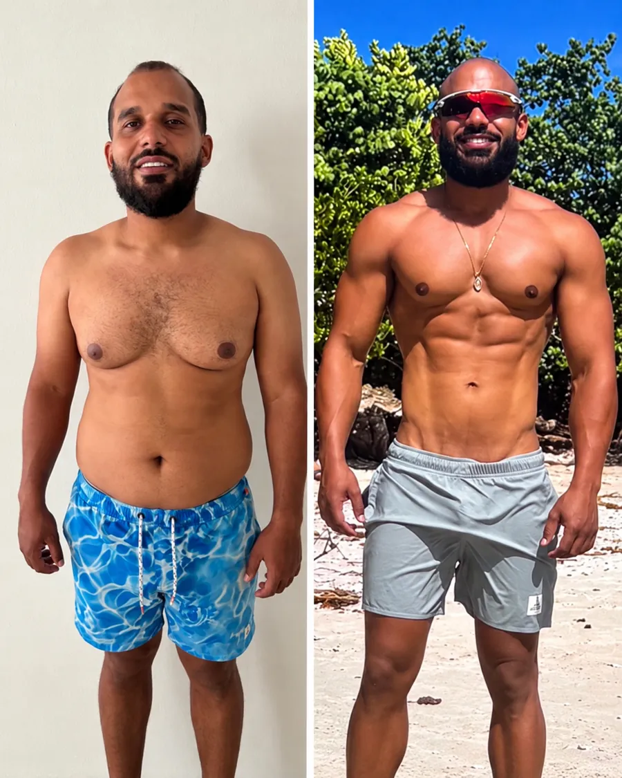 Before-and-after photos of a man showing fitness progress