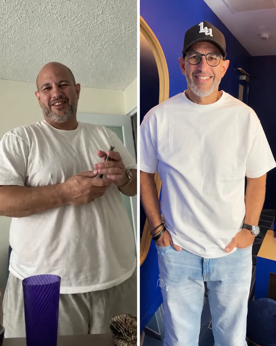 Before-and-after photos of a man showing lifestyle changes