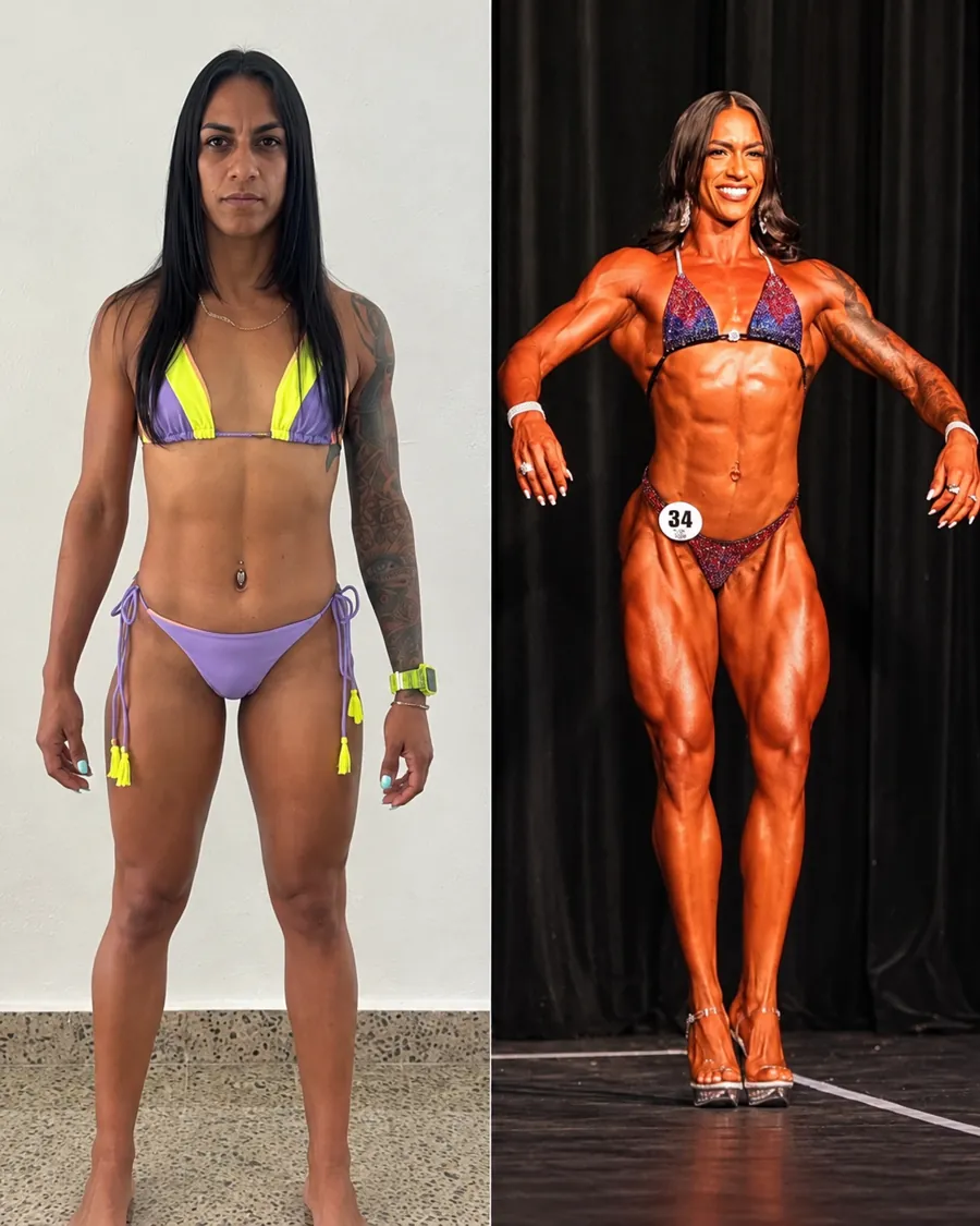 Before-and-after photos of a woman preparing for a fitness competition